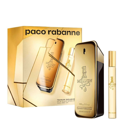 Paco Rabanne 1 Million perfume set with gold packaging on a white background