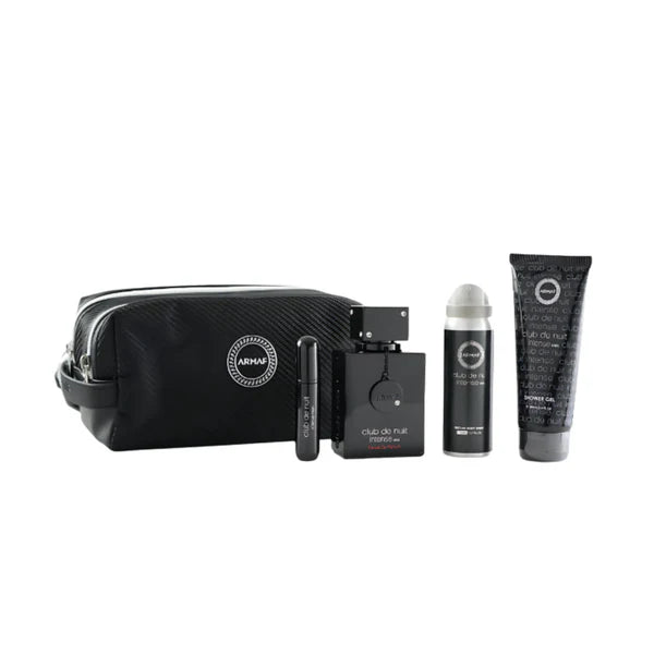 Black cosmetic bag with clu de nuit perfume and bonus male grooming products on a white background